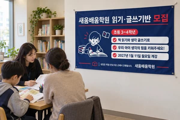 학원 모집 현수막 활용 예시 — 벽에 걸어 안내하기 (120×80cm)