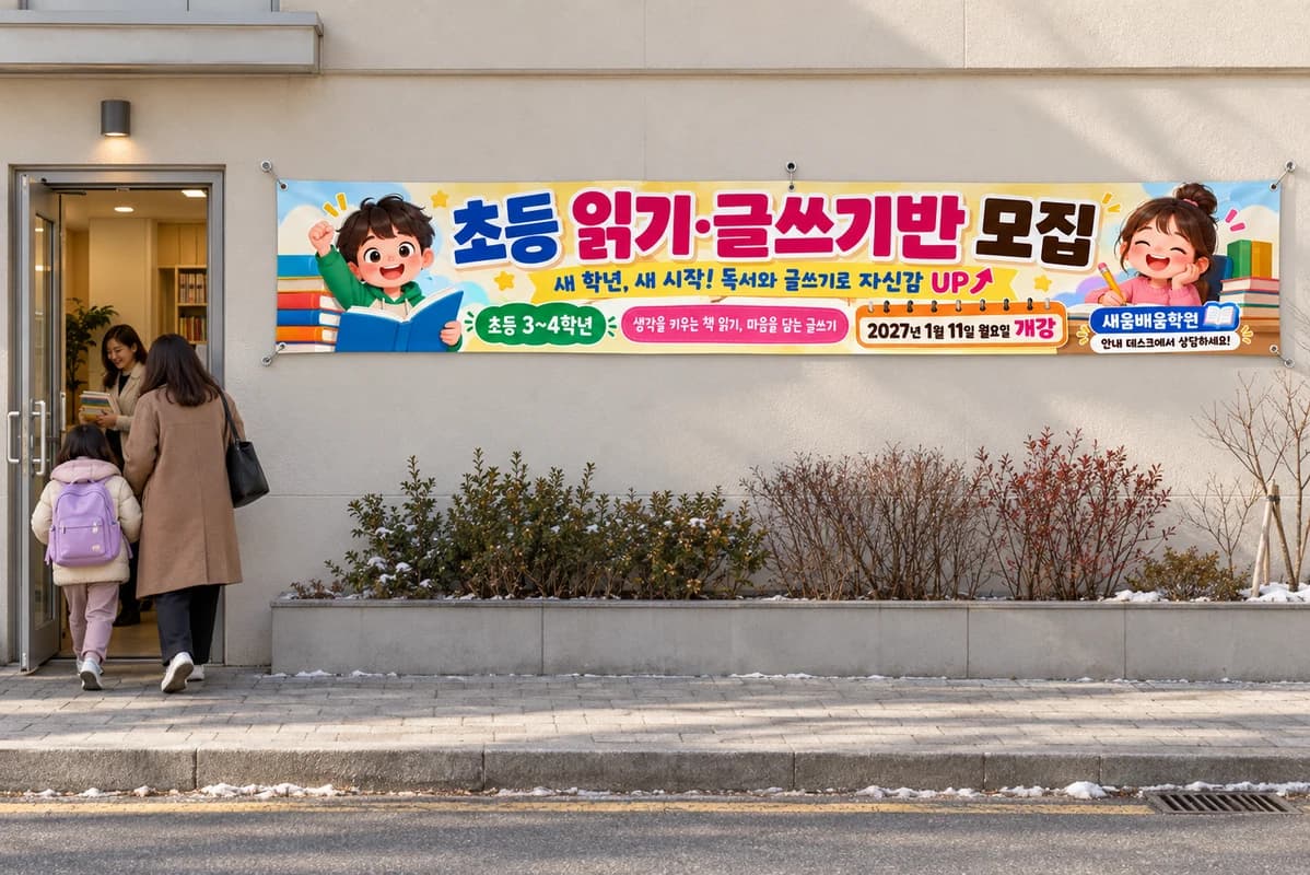 학원 모집 현수막 활용 예시 — 넓은 공간에 걸기 (500×90cm)