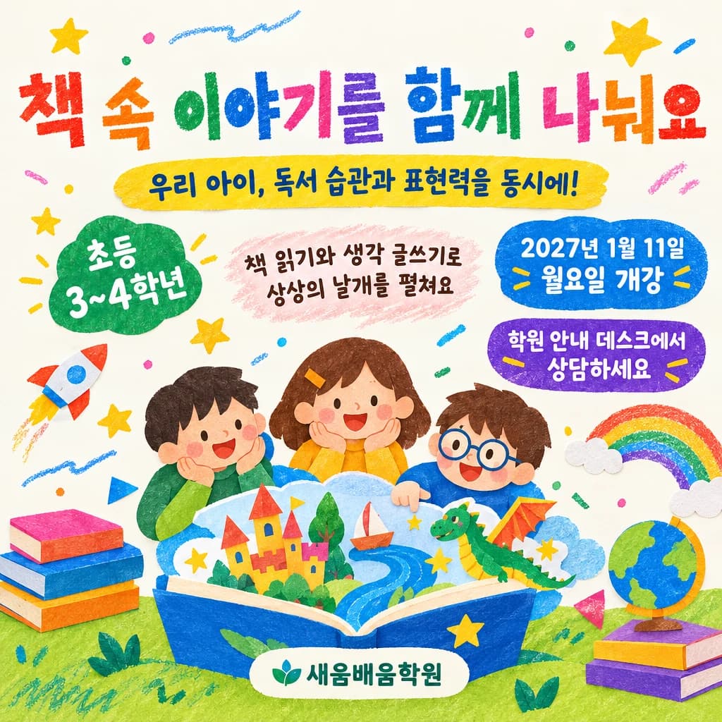 학원 모집 현수막 색종이 크레파스 · 작은 정방형 디자인 예시 (색종이 크레파스 스타일) — "책 속 이야기를 함께 나눠요"