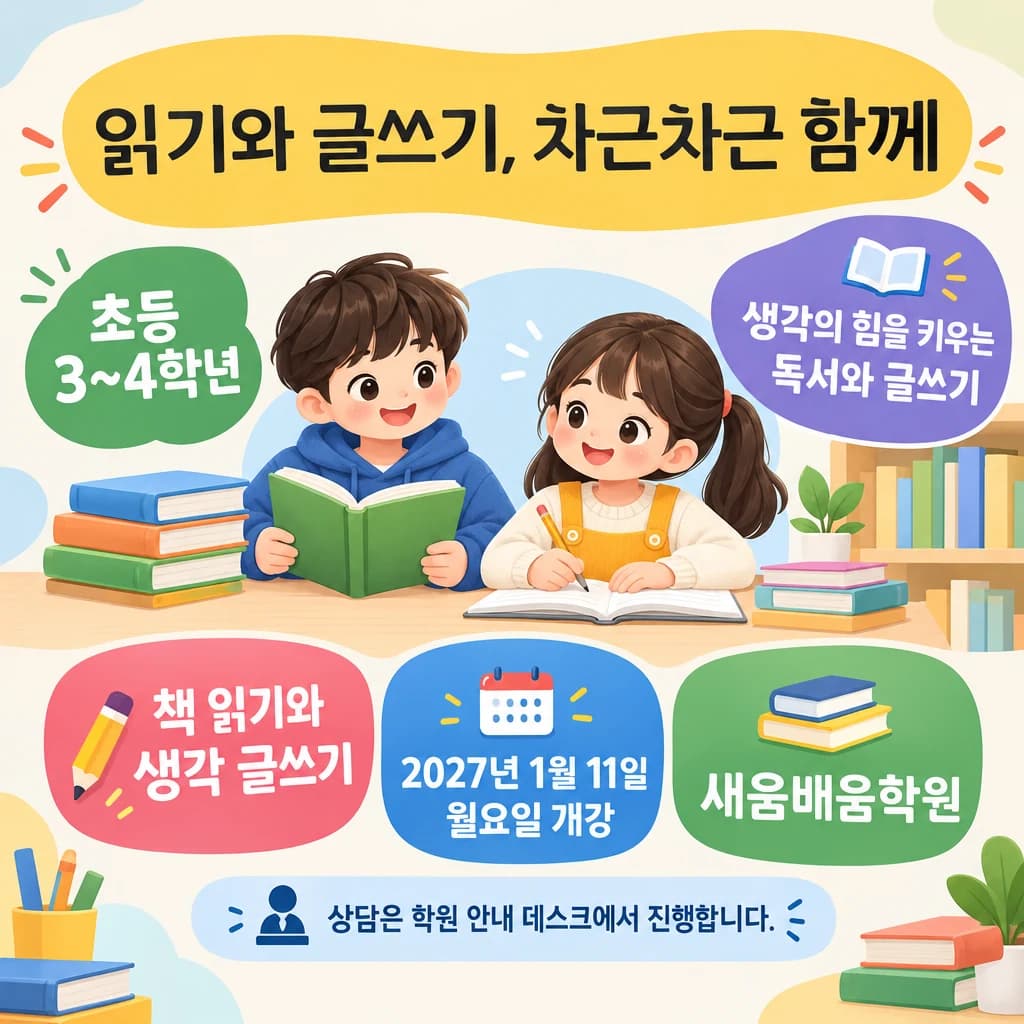 학원 모집 현수막 칸칸 카드 정리 · 정방형 디자인 예시 (칸칸 카드 정리 스타일) — "읽기와 글쓰기, 차근차근 함께"