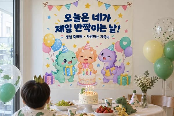 생일 현수막 활용 예시 — 케이크 식탁 뒤 공룡 파티 꾸미기 (120×120cm)