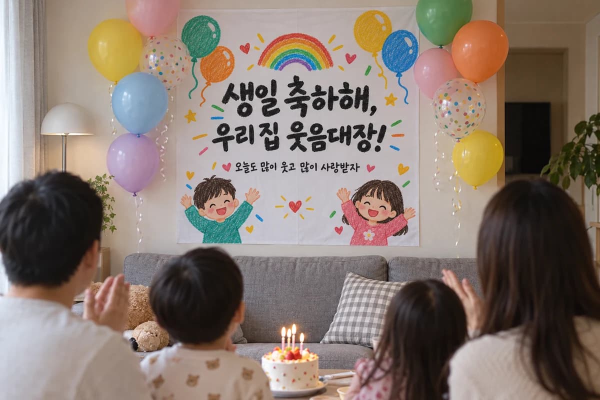 생일 현수막 활용 예시 — 소파 뒤에 풍선으로 생일 자리 만들기 (90×90cm)