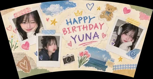 생일카페 컵 폴라로이드 모음 디자인 예시 (스크랩북 스타일) — "HAPPY BIRTHDAY YUNA"