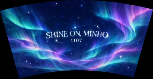 생일카페 컵 밤하늘 별 디자인 예시 (오로라 빛 스타일) — "SHINE ON, MINHO"