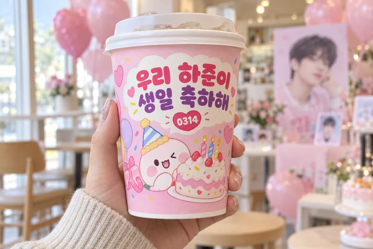 생일카페 컵 활용 예시 — 음료를 받아 든 손님 (13oz)