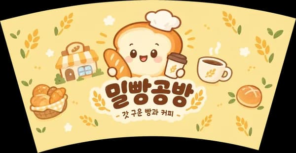 카페·베이커리 로고 종이컵 빵집 캐릭터 디자인 예시 (아기자기 캐릭터 스타일) — "밀빵공방"