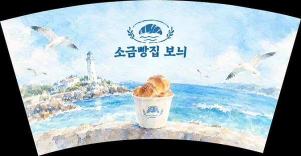 카페·베이커리 로고 종이컵 동네 풍경 그림 디자인 예시 (수채화 스타일) — "소금빵집 보늬"