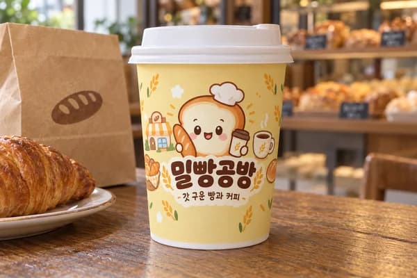 카페·베이커리 로고 종이컵 활용 예시 — 빵 봉투와 함께 나가는 커피 (13oz)