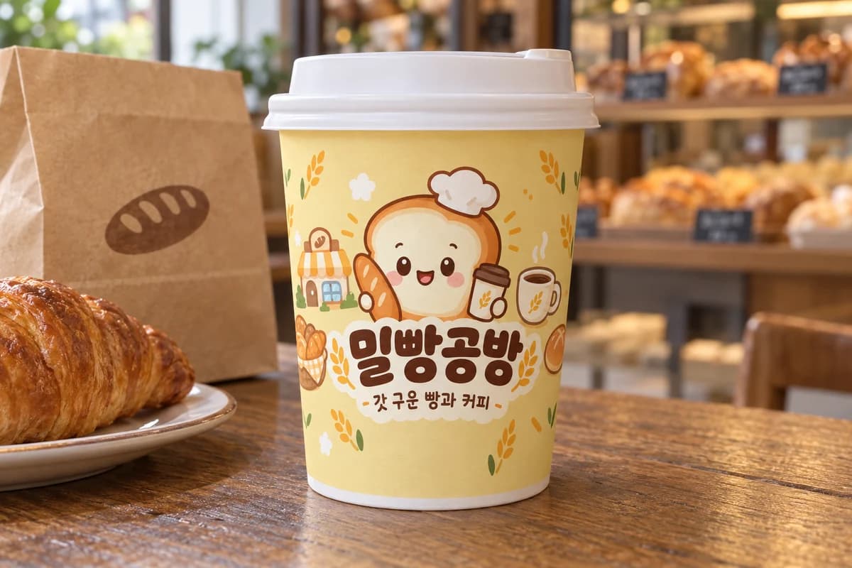 카페·베이커리 로고 종이컵 활용 예시 — 빵 봉투와 함께 나가는 커피 (13oz)