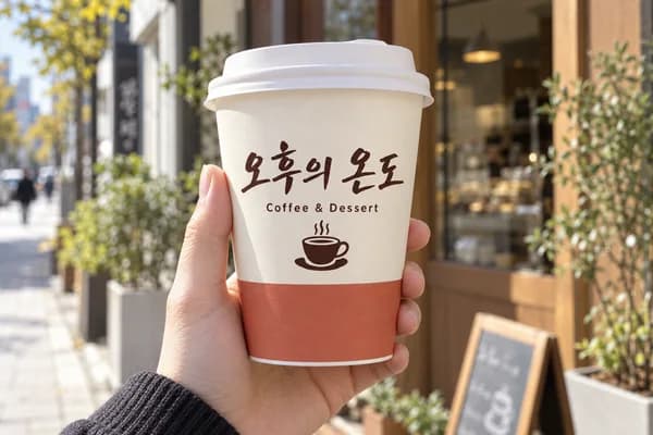 카페·베이커리 로고 종이컵 활용 예시 — 테이크아웃 손님 손에 들린 컵 (13oz)