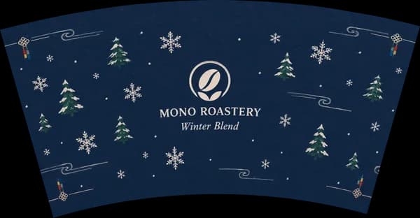 카페·베이커리 로고 종이컵 겨울 시즌 판 디자인 예시 (모던 한국풍 스타일) — "MONO ROASTERY"