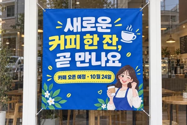 카페 오픈 현수막 활용 예시 — 카페 통유리에 오픈 예정 알리기 (120×120cm)