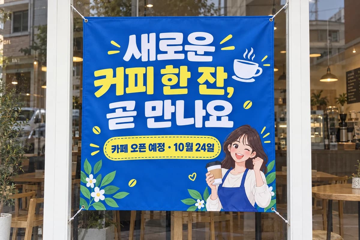 카페 오픈 현수막 활용 예시 — 카페 통유리에 오픈 예정 알리기 (120×120cm)