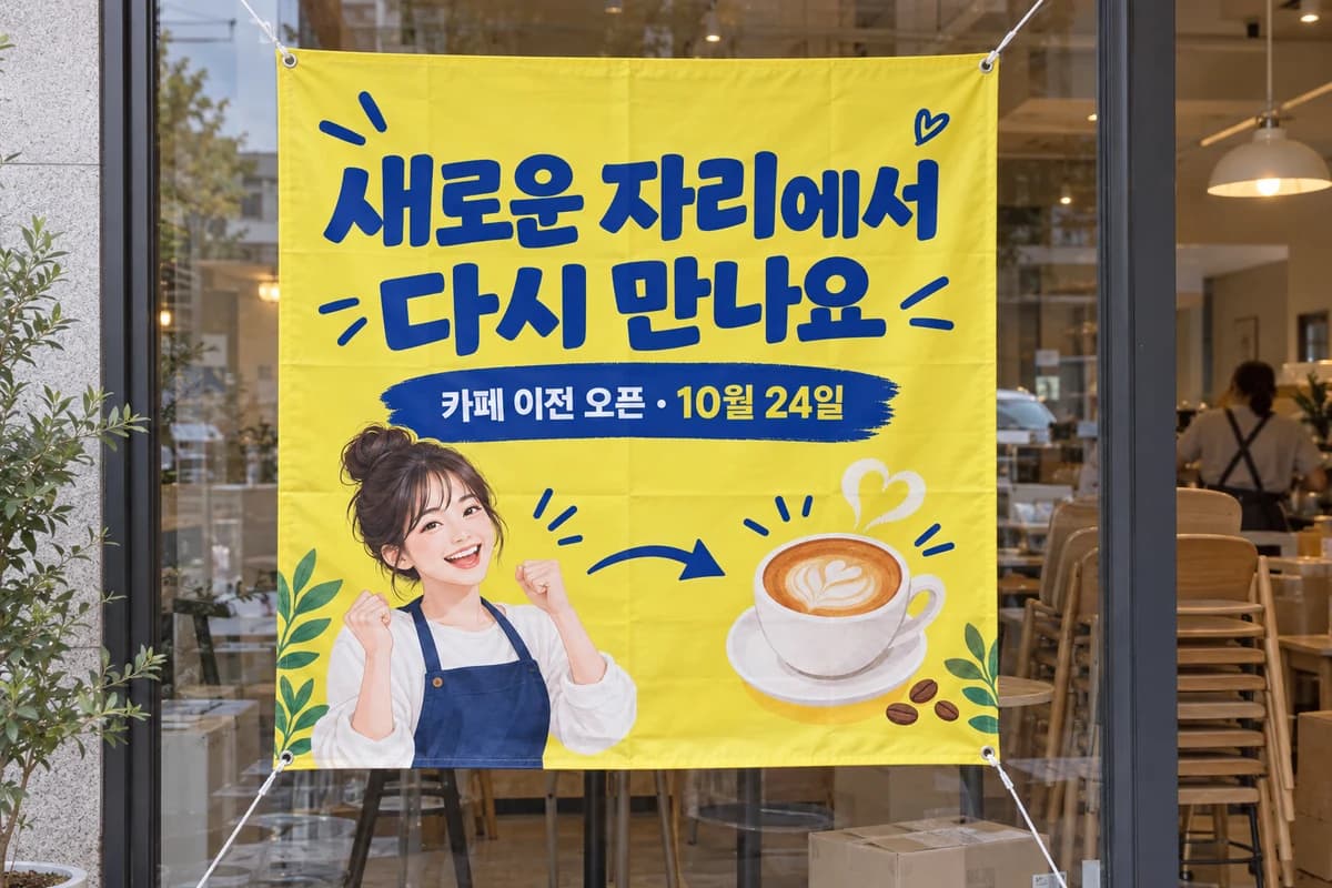 카페 오픈 현수막 활용 예시 — 이전한 카페의 통유리 (120×120cm)