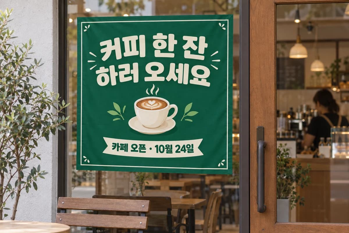 카페 오픈 현수막 활용 예시 — 입구 옆 작은 창문에 붙이기 (90×90cm)