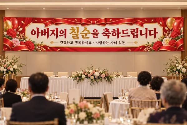 칠순 현수막 활용 예시 — 연회장 앞벽에 길게 걸기 (500×90cm)