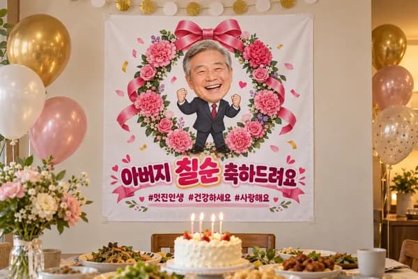 칠순 현수막 활용 예시 — 집에서 케이크 테이블 꾸미기 (90×90cm)
