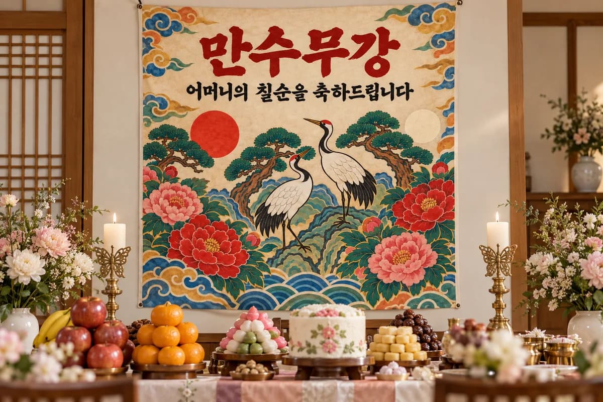 칠순 현수막 활용 예시 — 잔칫상 뒤 벽에 걸기 (120×120cm)