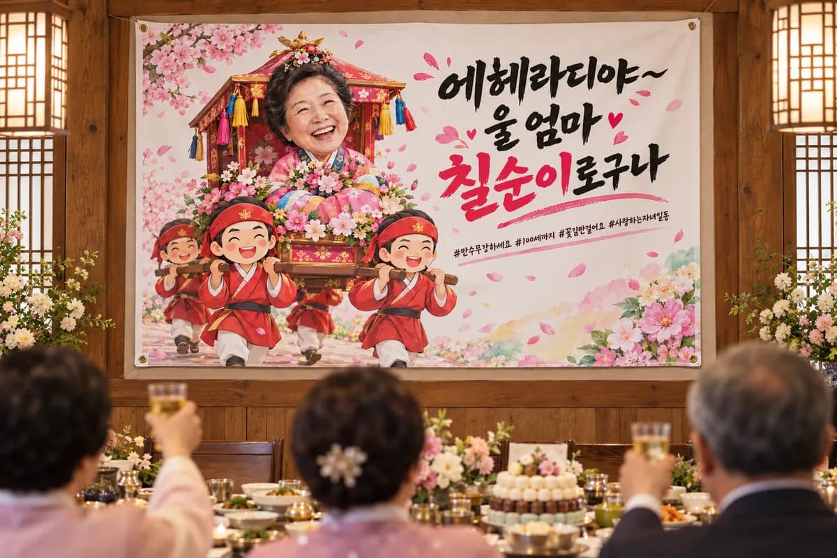 칠순 현수막 활용 예시 — 한정식집 잔치 자리 (120×80cm)