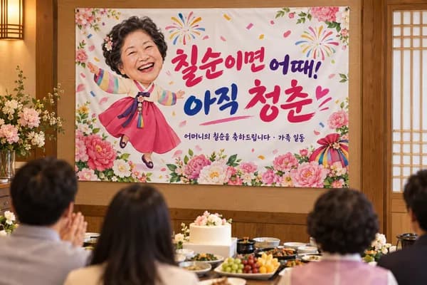 칠순 현수막 활용 예시 — 식당 룸 벽에 걸기 (120×80cm)