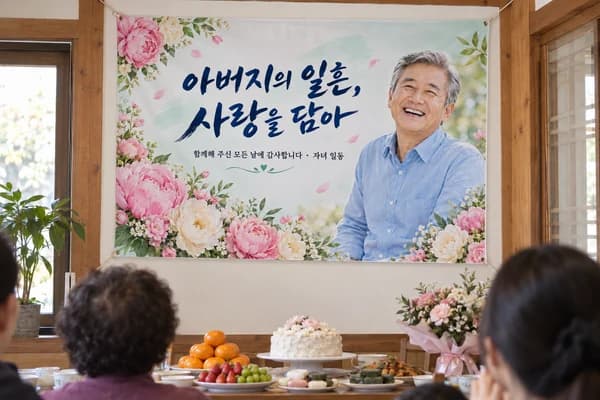 칠순 현수막 활용 예시 — 잔칫상 뒤에 감사의 마음을 담을 때 (120×80cm)