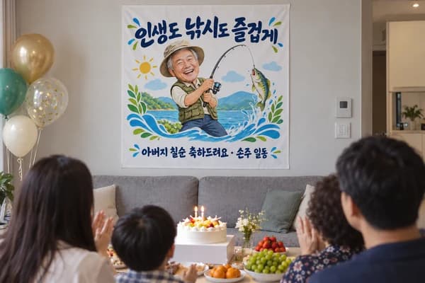 칠순 현수막 활용 예시 — 집에서 케이크와 함께 축하할 때 (90×90cm)