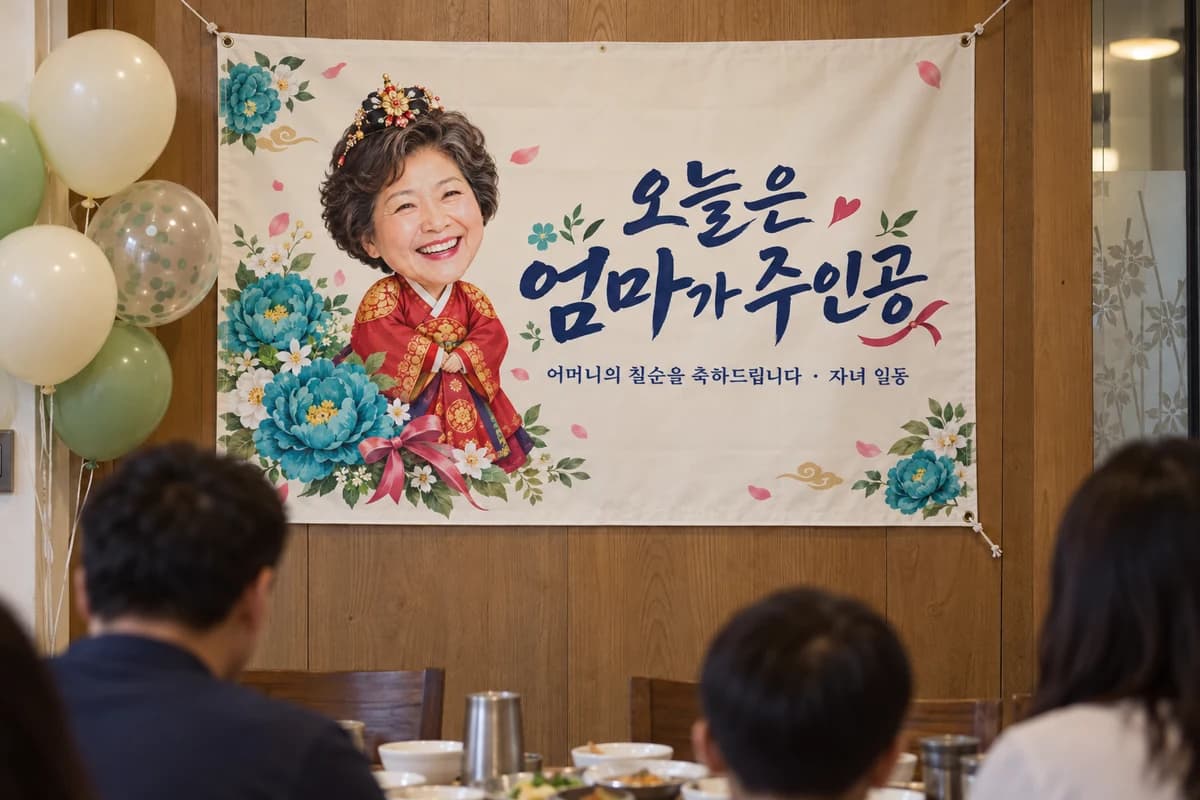 칠순 현수막 활용 예시 — 가족 식당 룸의 작은 포토존 (120×80cm)