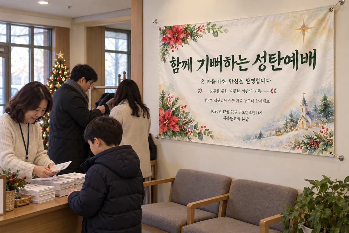 성탄예배 현수막 활용 예시 — 벽에 걸어 안내하기 (120×80cm)