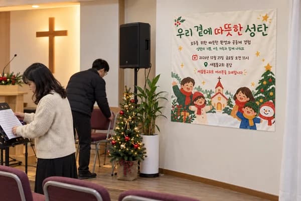 성탄예배 현수막 활용 예시 — 작은 공간에 붙이기 (90×90cm)