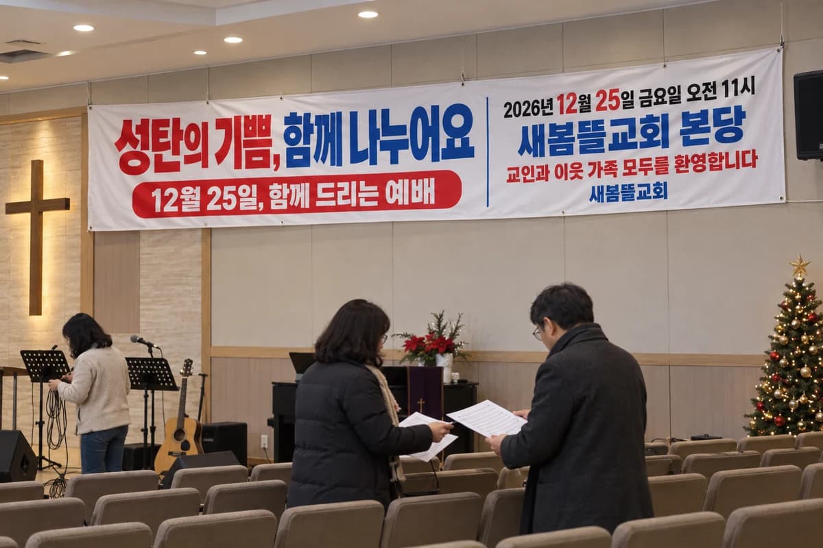 성탄예배 현수막 활용 예시 — 넓은 공간에 걸기 (500×90cm)