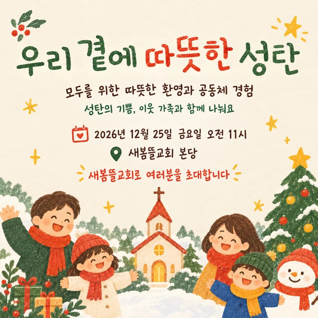 성탄예배 현수막 손글씨 제목 · 작은 정방형 디자인 예시 (손글씨 제목 스타일) — "우리 곁에 따뜻한 성탄"