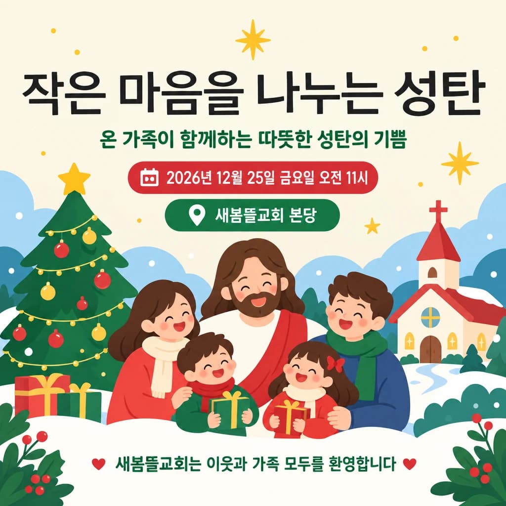 성탄예배 현수막 밝은 동화 일러스트 · 정방형 디자인 예시 (밝은 동화 일러스트 스타일) — "작은 마음을 나누는 성탄"