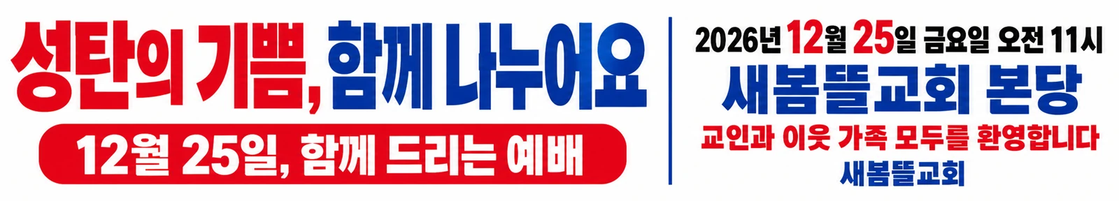 성탄예배 현수막 흰 바탕 두 색 · 긴 가로형 디자인 예시 (흰 바탕 두 색 스타일) — "12월 25일, 함께 드리는 예배"