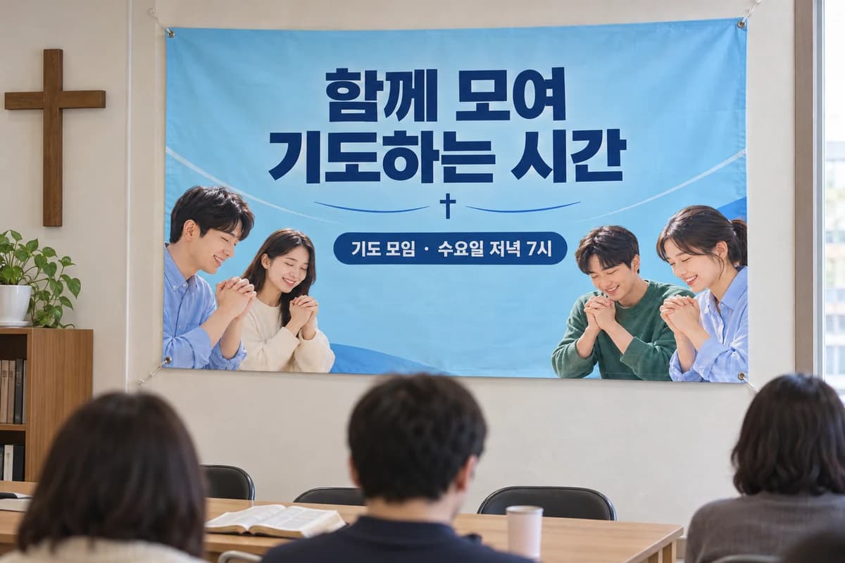교회 현수막 활용 예시 — 작은 교회의 기도 모임 자리 (120×80cm)