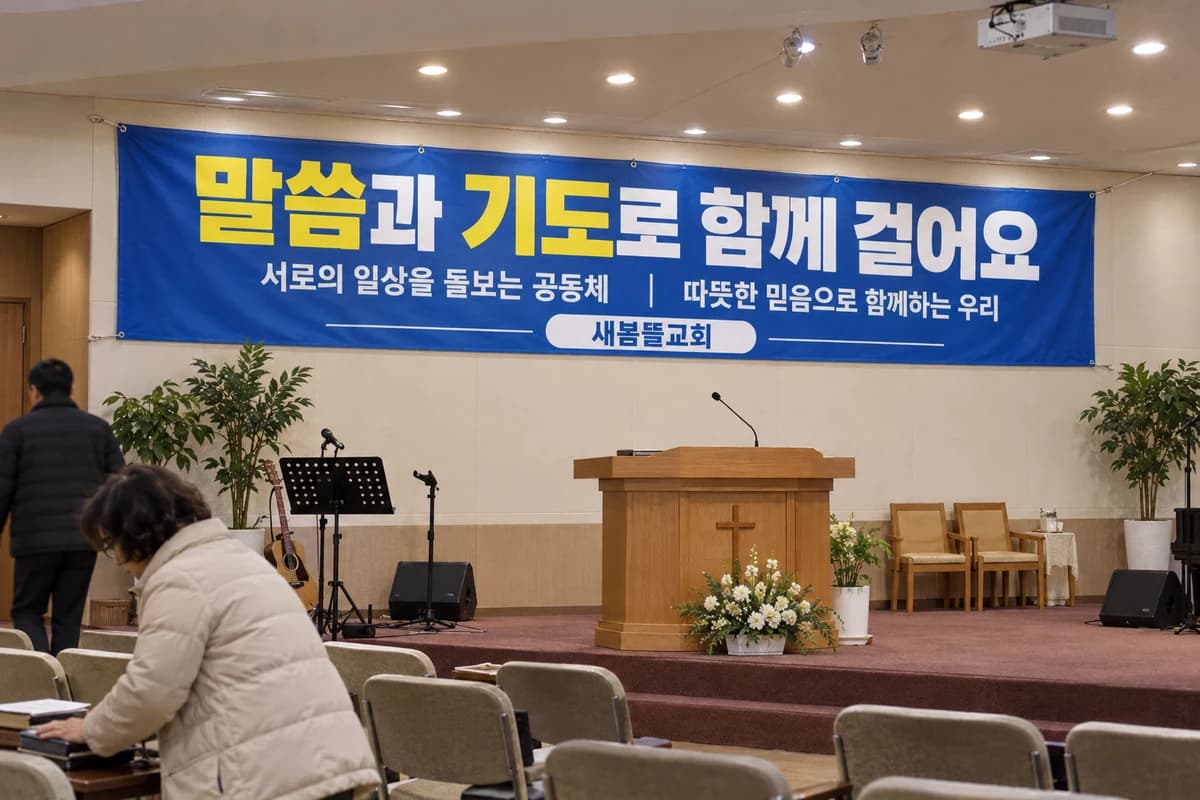 교회 표어 현수막 활용 예시 — 넓은 공간에 걸기 (500×90cm)
