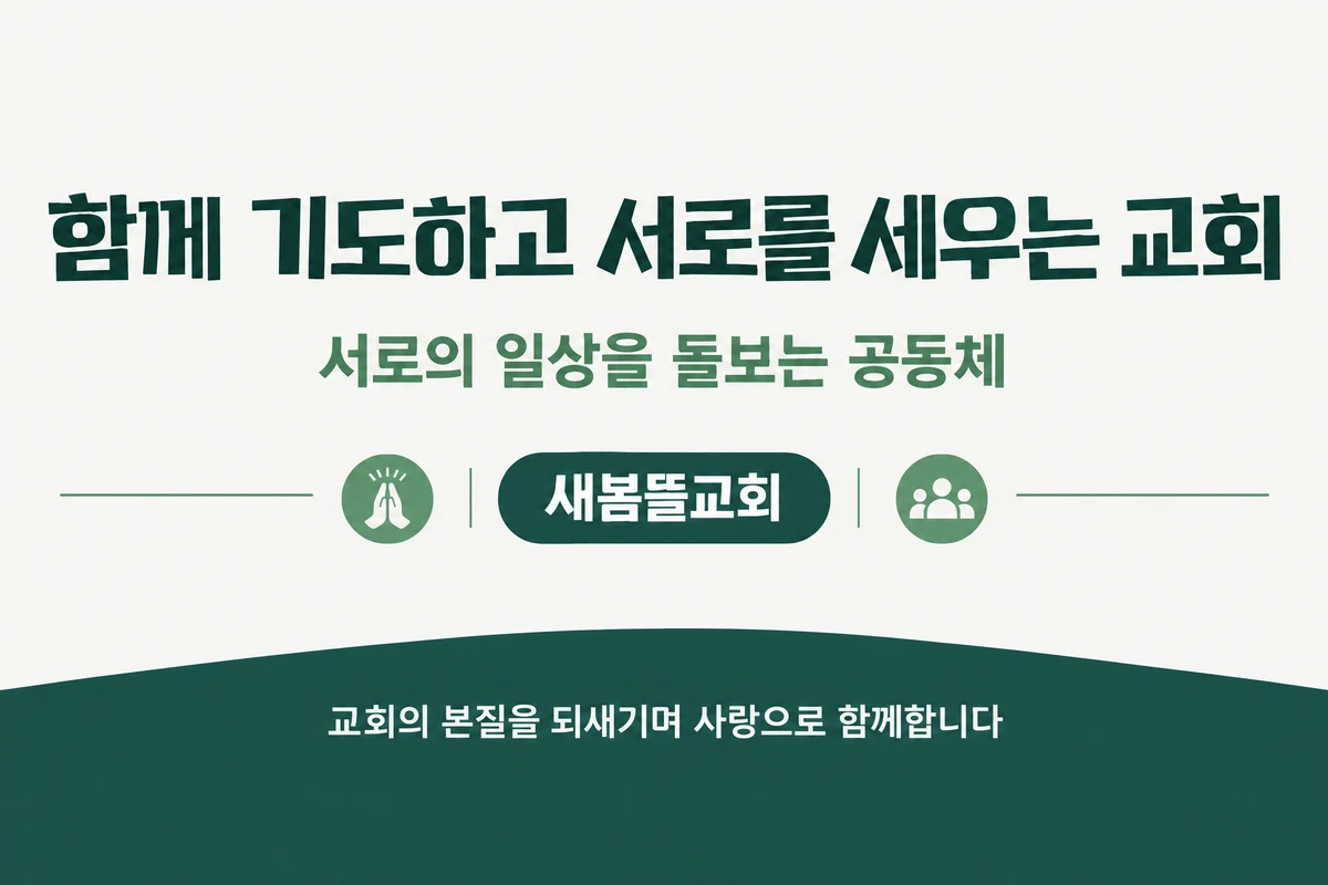 교회 표어 현수막 깔끔 정보형 · 짧은 가로형 디자인 예시 (깔끔 정보형 스타일) — "함께 기도하고 서로를 세우는 교회"