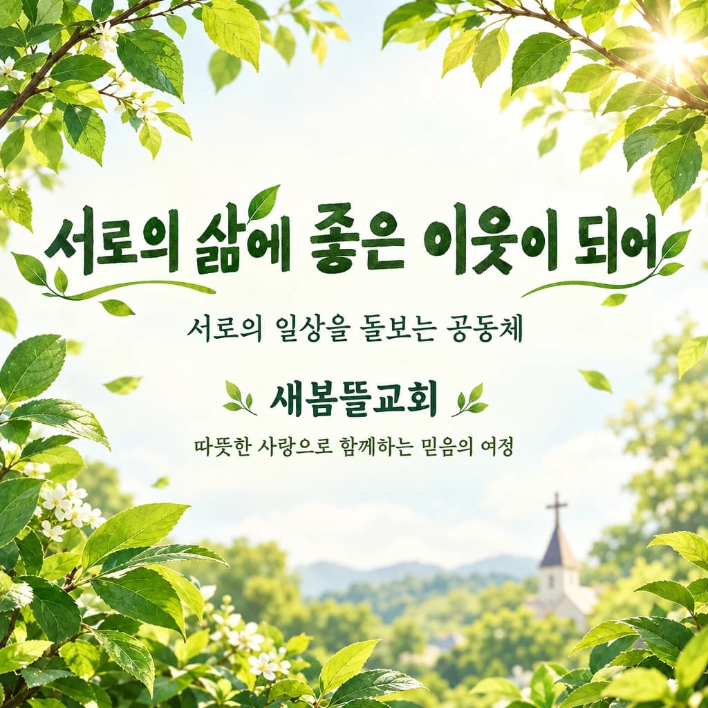 교회 표어 현수막 싱그러운 잎사귀 · 작은 정방형 디자인 예시 (싱그러운 잎사귀 스타일) — "서로의 삶에 좋은 이웃이 되어"