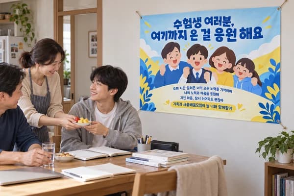 수능 응원 현수막 활용 예시 — 벽에 걸어 안내하기 (120×80cm)