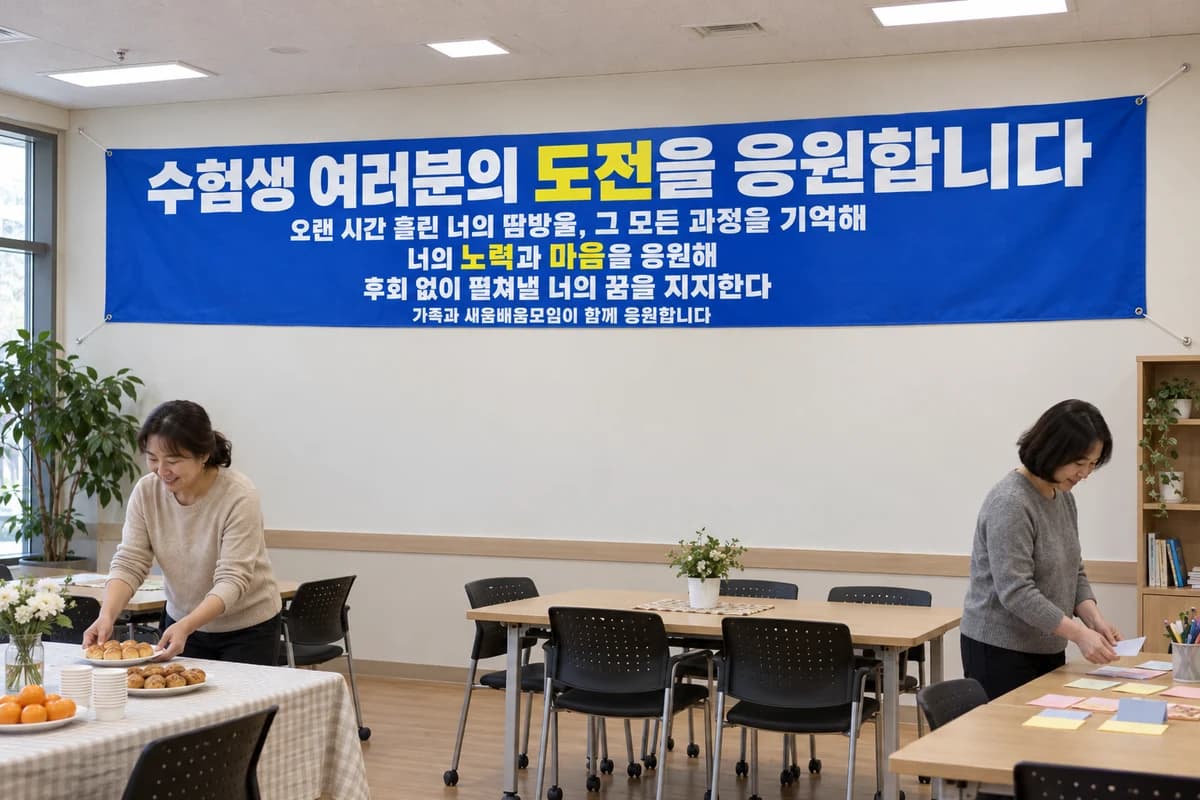 수능 응원 현수막 활용 예시 — 넓은 공간에 걸기 (500×90cm)
