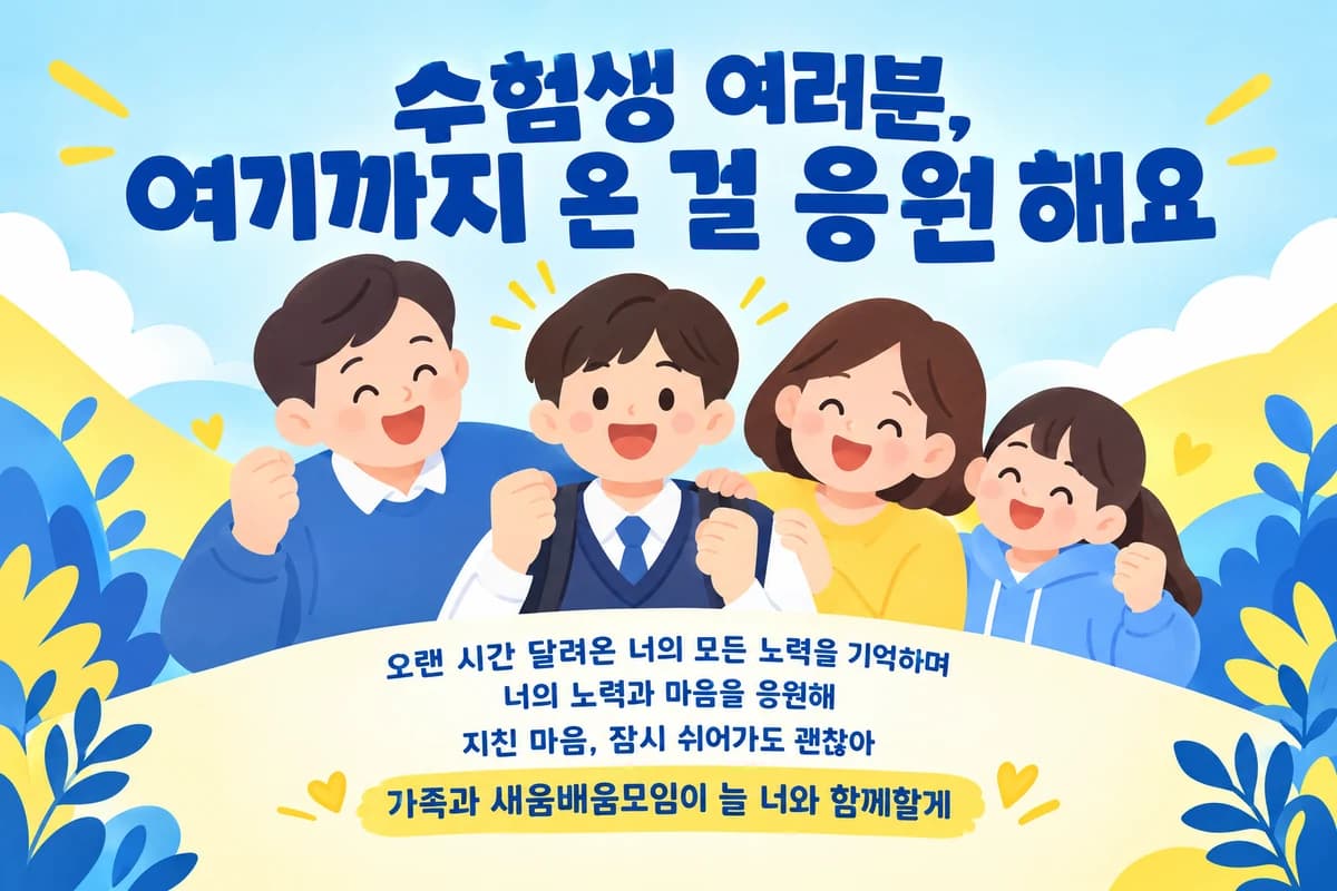 수능 응원 현수막 둥근 인물 일러스트 · 짧은 가로형 디자인 예시 (둥근 인물 일러스트 스타일) — "수험생 여러분, 여기까지 온 걸 응원해요"