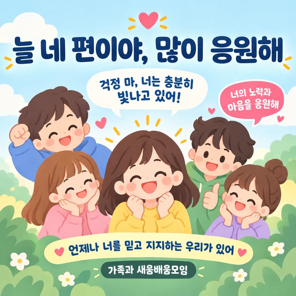 수능 응원 현수막 아기자기 캐릭터 · 작은 정방형 디자인 예시 (아기자기 캐릭터 스타일) — "늘 네 편이야, 많이 응원해"