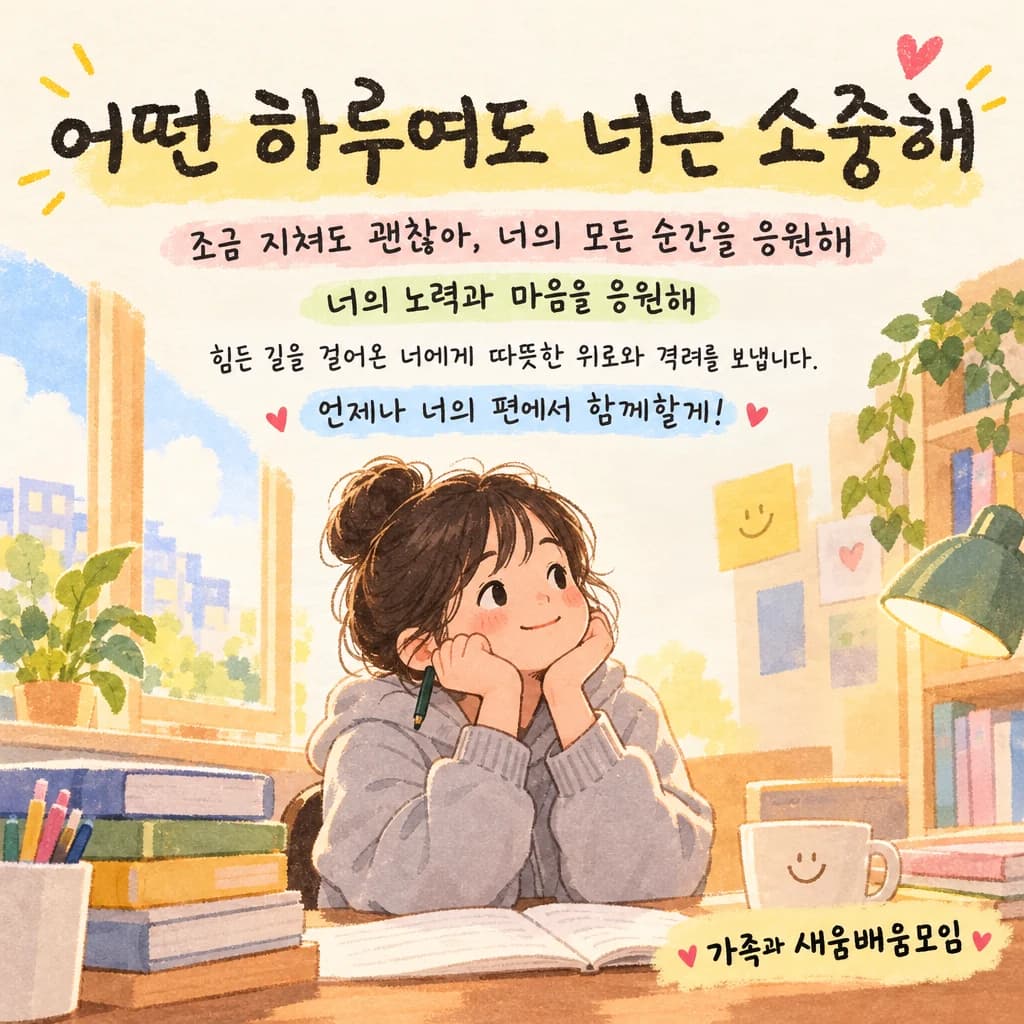 수능 응원 현수막 손글씨 제목 · 정방형 디자인 예시 (손글씨 제목 스타일) — "어떤 하루여도 너는 소중해"