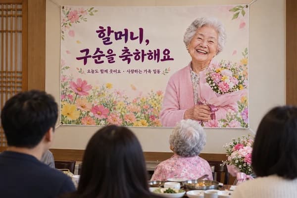 구순 현수막 활용 예시 — 식당 룸에서 할머니의 구순 식사 (120×80cm)