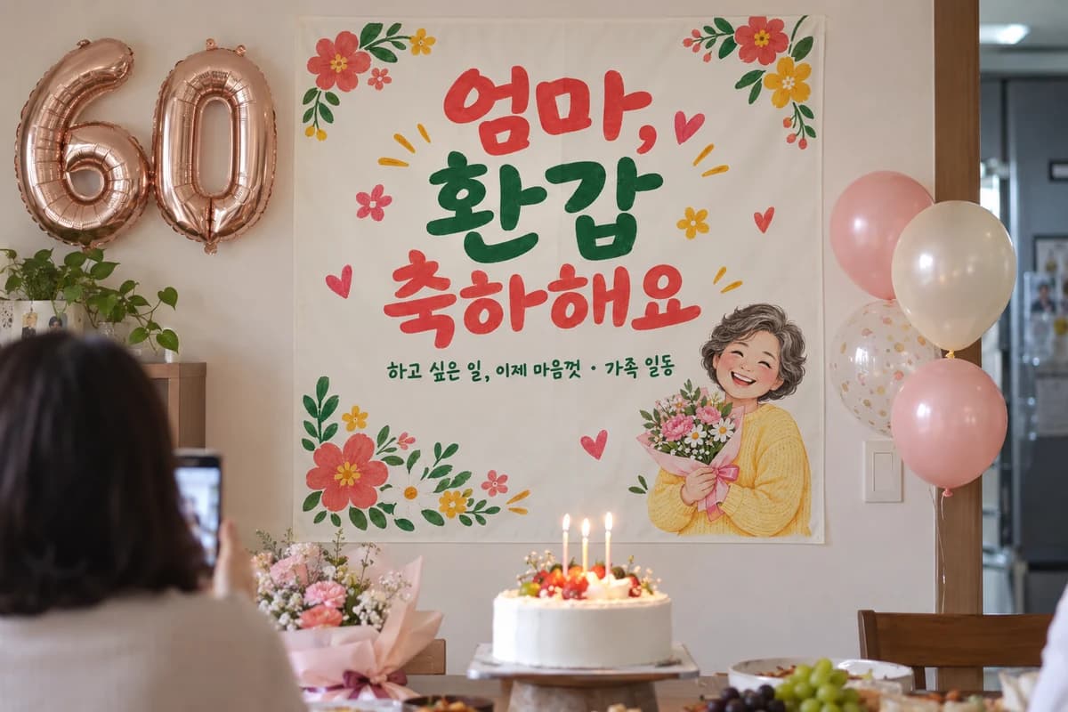 환갑 현수막 활용 예시 — 집에서 준비하는 환갑 케이크 (90×90cm)