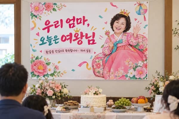 환갑 현수막 활용 예시 — 오늘의 여왕을 위한 가족 잔칫상 (120×80cm)
