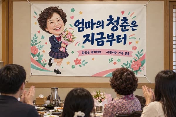 환갑 현수막 활용 예시 — 식당 룸에서 다시 만난 청춘 (120×80cm)