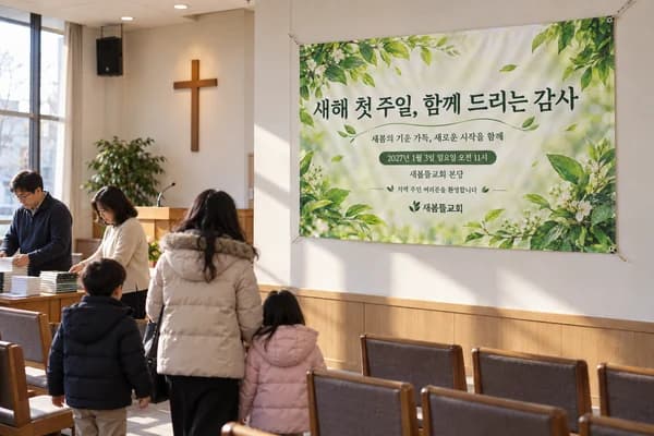 신년감사예배 현수막 활용 예시 — 벽에 걸어 안내하기 (120×80cm)