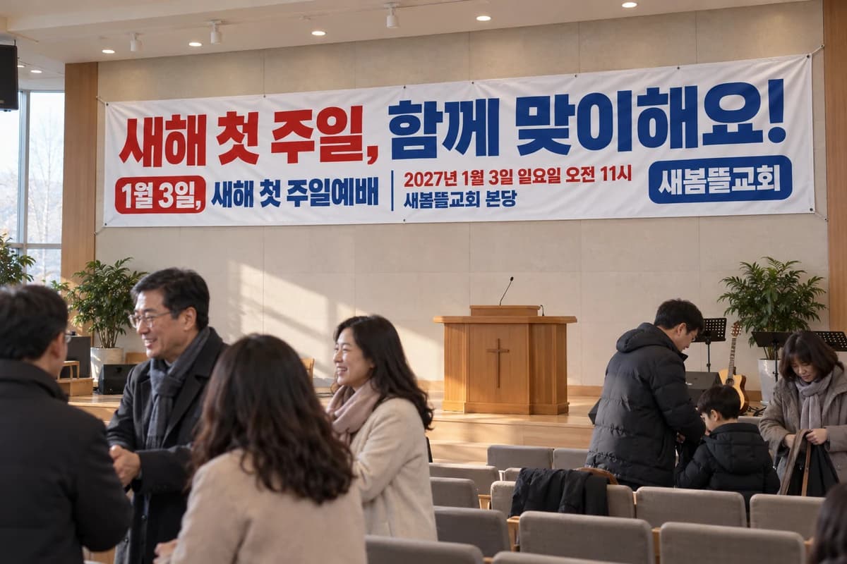 신년감사예배 현수막 활용 예시 — 넓은 공간에 걸기 (500×90cm)