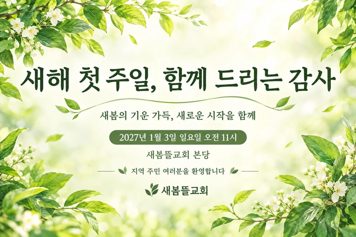 신년감사예배 현수막 싱그러운 잎사귀 · 짧은 가로형 디자인 예시 (싱그러운 잎사귀 스타일) — "새해 첫 주일, 함께 드리는 감사"