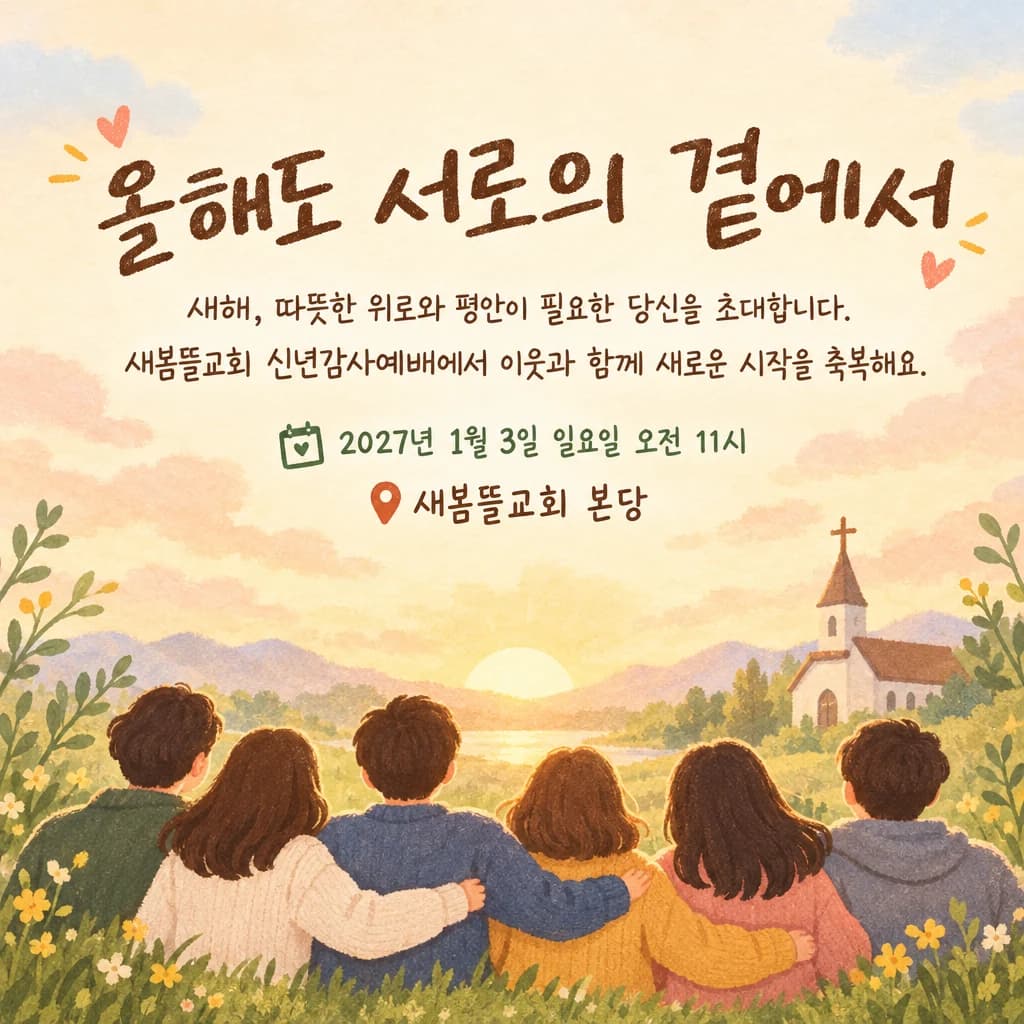 신년감사예배 현수막 손글씨 제목 · 작은 정방형 디자인 예시 (손글씨 제목 스타일) — "올해도 서로의 곁에서"